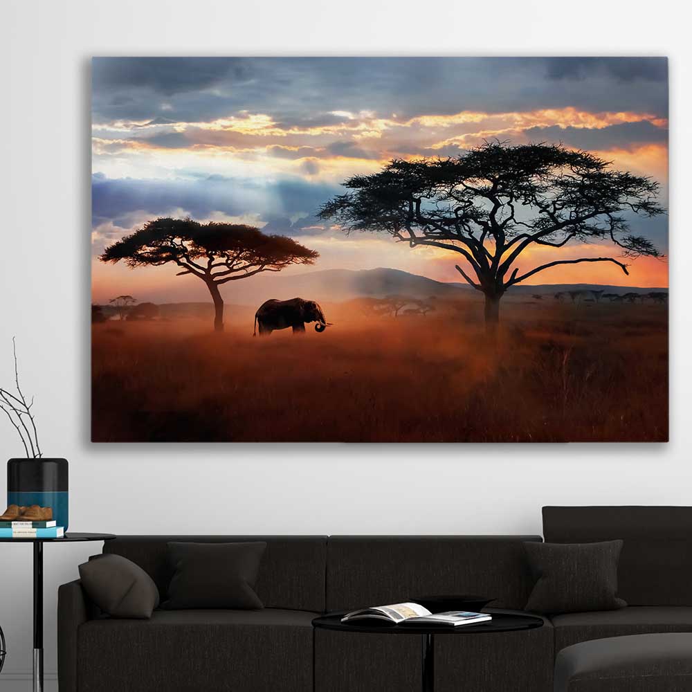 Animal wall art and canvas prints of Golden Savannah Journey on a stretched canvas displayed in a room