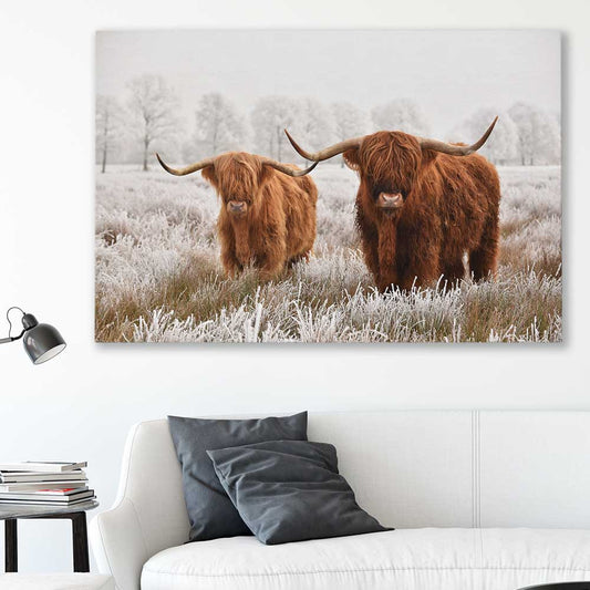 Animal wall art and canvas prints of Highland Pack on a stretched canvas displayed in a room