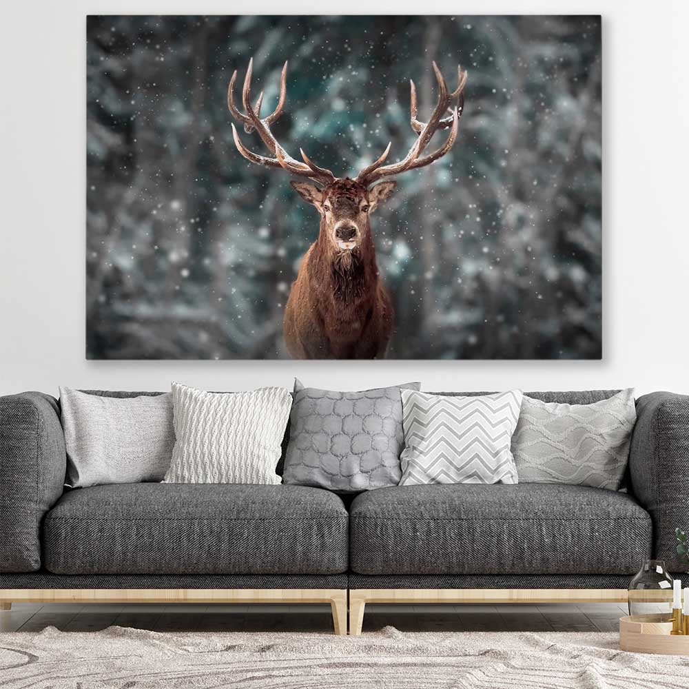 Animal wall art and canvas prints of Highland Stag Portrait on a stretched canvas displayed in a room