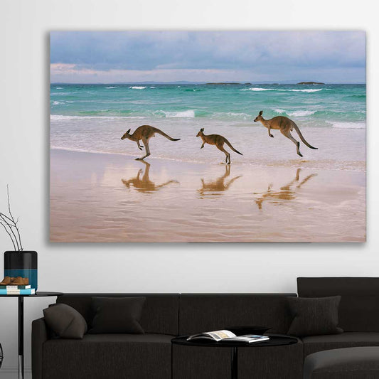 Animal wall art and canvas prints of Kangaroo Family on a stretched canvas displayed in a room
