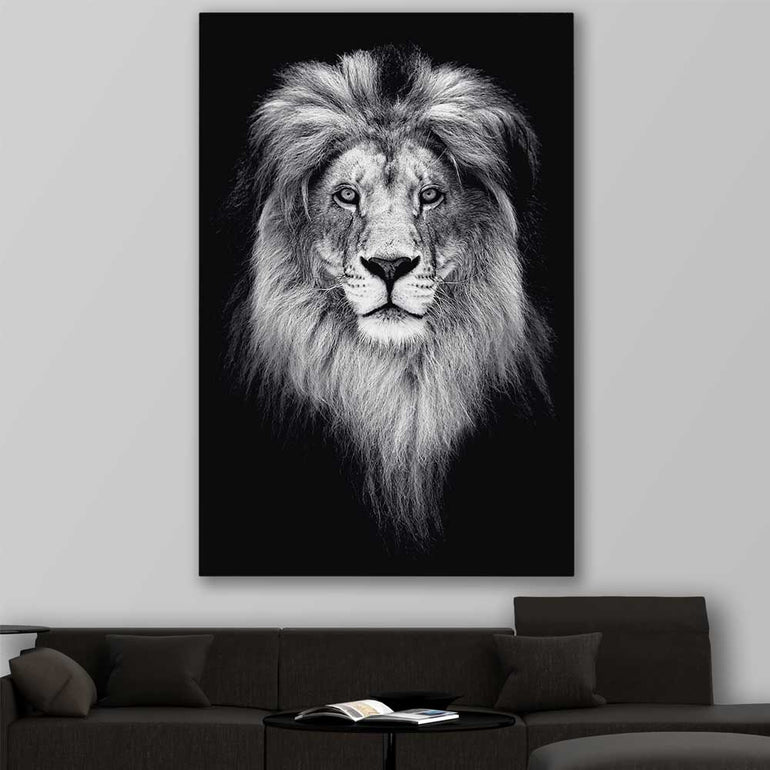 Animal wall art and canvas prints of Lion Gaze on a stretched canvas displayed in a room