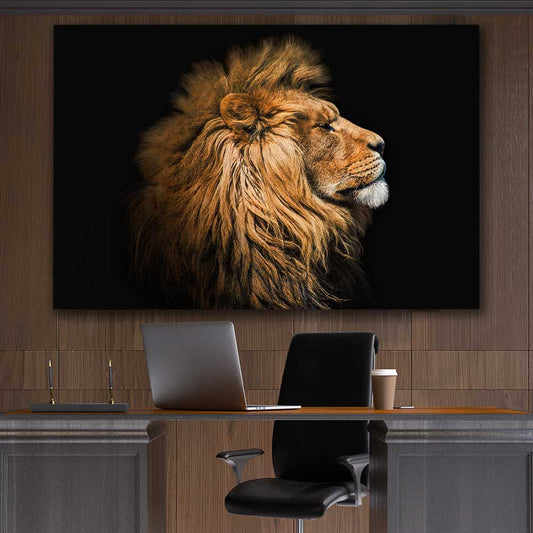 Animal wall art and canvas prints of Lion Mentality on a stretched canvas displayed in a room
