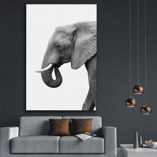 Animal wall art and canvas prints of Lone Elephant on a stretched canvas displayed in a room