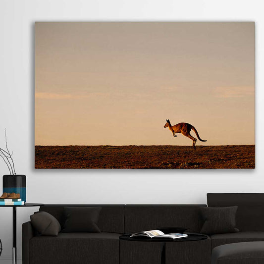 Animal wall art and canvas prints of Lone Kangaroo Plains on a stretched canvas displayed in a room