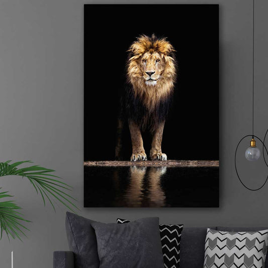 Animal wall art and canvas prints of Majestic Lion Portrait on a stretched canvas displayed in a room