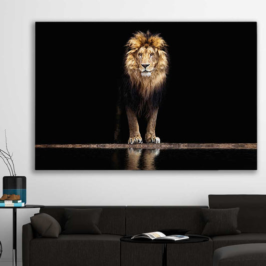 Animal wall art and canvas prints of Majestic Lion on a stretched canvas displayed in a room