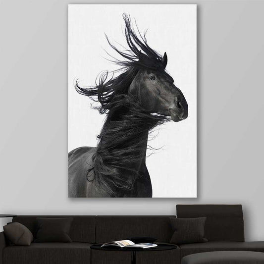 Animal wall art and canvas prints of Midnight Horse on a stretched canvas displayed in a room