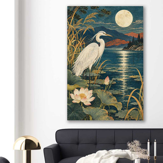 Animal wall art and canvas prints of Moonlit Heron on a stretched canvas displayed in a room