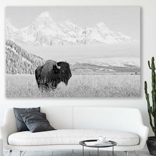 Animal wall art and canvas prints of Mountain Bison on a stretched canvas displayed in a room