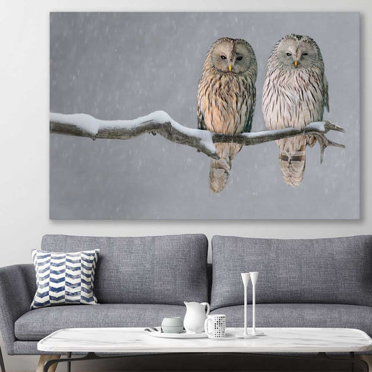 Animal wall art and canvas prints of Perched Owls on a stretched canvas displayed in a room