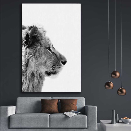 Animal wall art and canvas prints of Pondering Lion on a stretched canvas displayed in a room