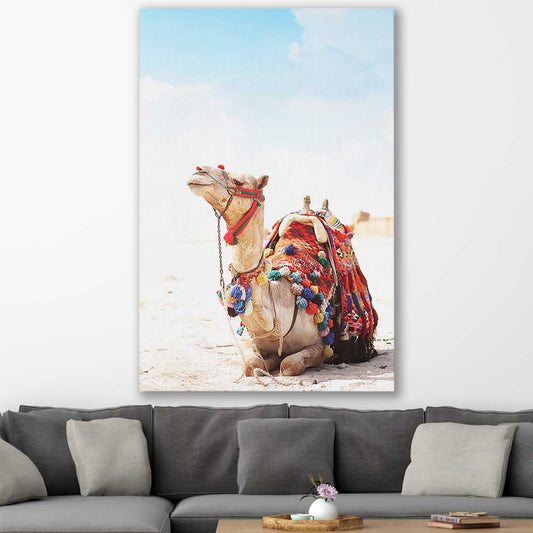 Animal wall art and canvas prints of Vibrant Camel on a stretched canvas displayed in a room