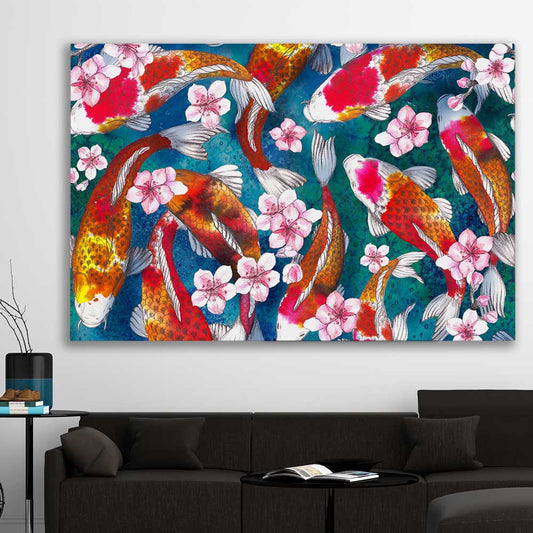 Animal wall art and canvas prints of Watercolour Carp on a stretched canvas displayed in a room