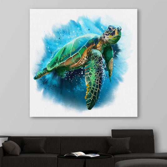 Animal wall art and canvas prints of Watercolour Sea Turtle on a stretched canvas displayed in a room