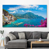 Beach and coastal wall art print of Amalfi Coast Escape on a stretched canvas displayed in a room