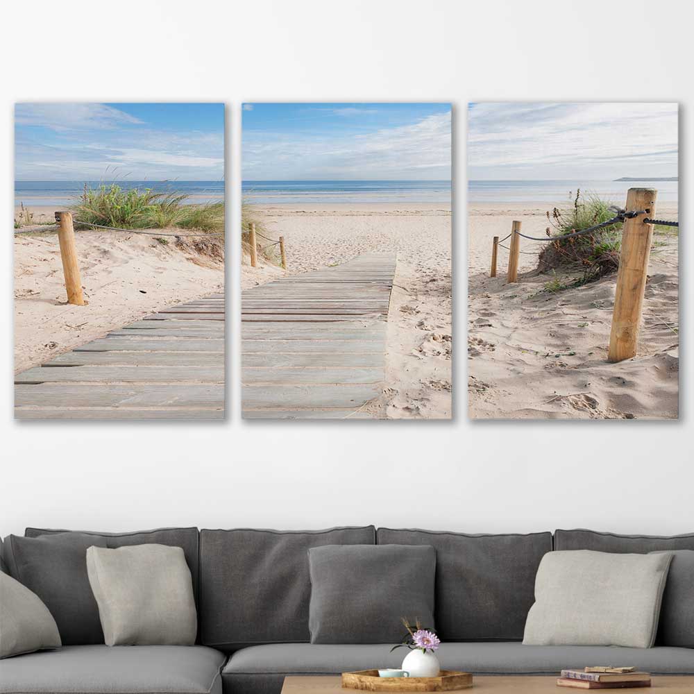 Beach and coastal wall art print of Beautiful Beach Path Set on a stretched canvas displayed in a room