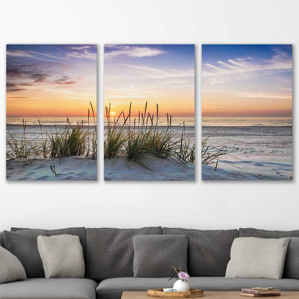 Beach and coastal wall art print of Calming Sunset Set on a stretched canvas displayed in a room