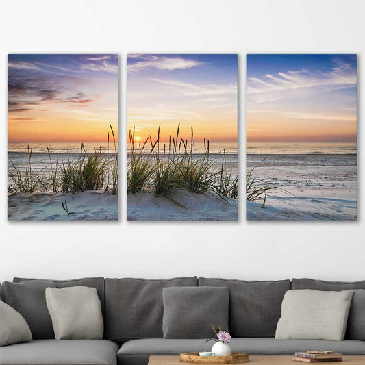 Beach and coastal wall art print of Calming Sunset Set on a stretched canvas displayed in a room