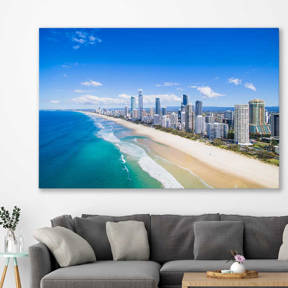 Beach and coastal wall art print of Coastal Skyline View on a stretched canvas displayed in a room
