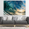 Beach and coastal wall art print of Golden Barrel Wave on a stretched canvas displayed in a room