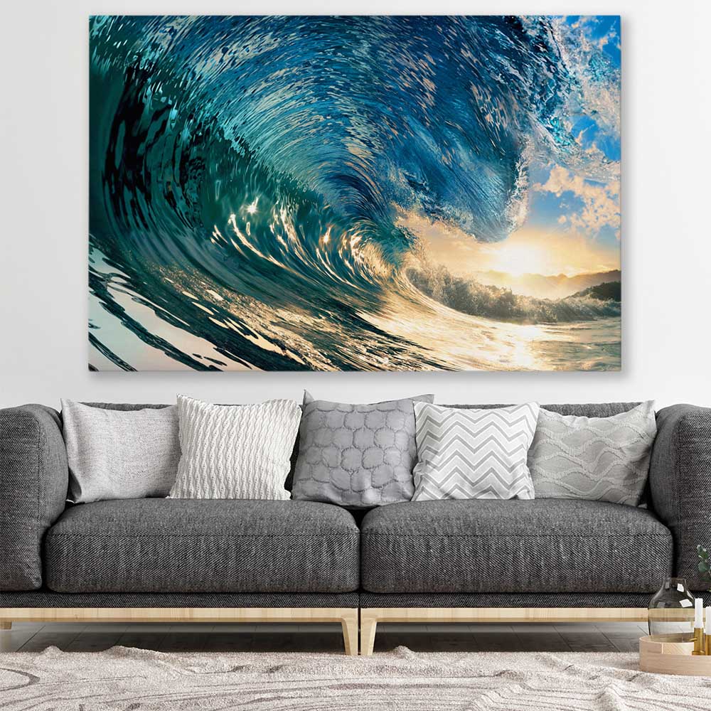Beach and coastal wall art print of Golden Barrel Wave on a stretched canvas displayed in a room