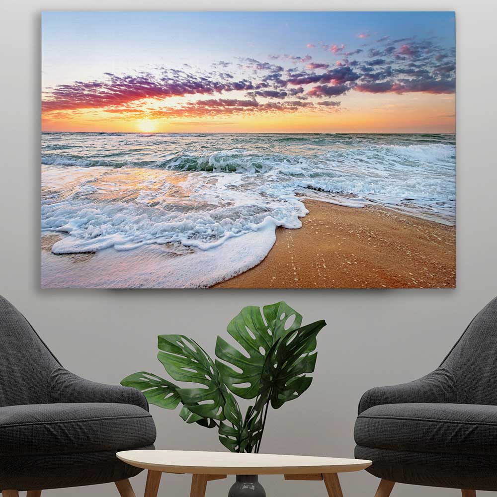 Beach and coastal wall art print of Pastel Ocean Horizon on a stretched canvas displayed in a room