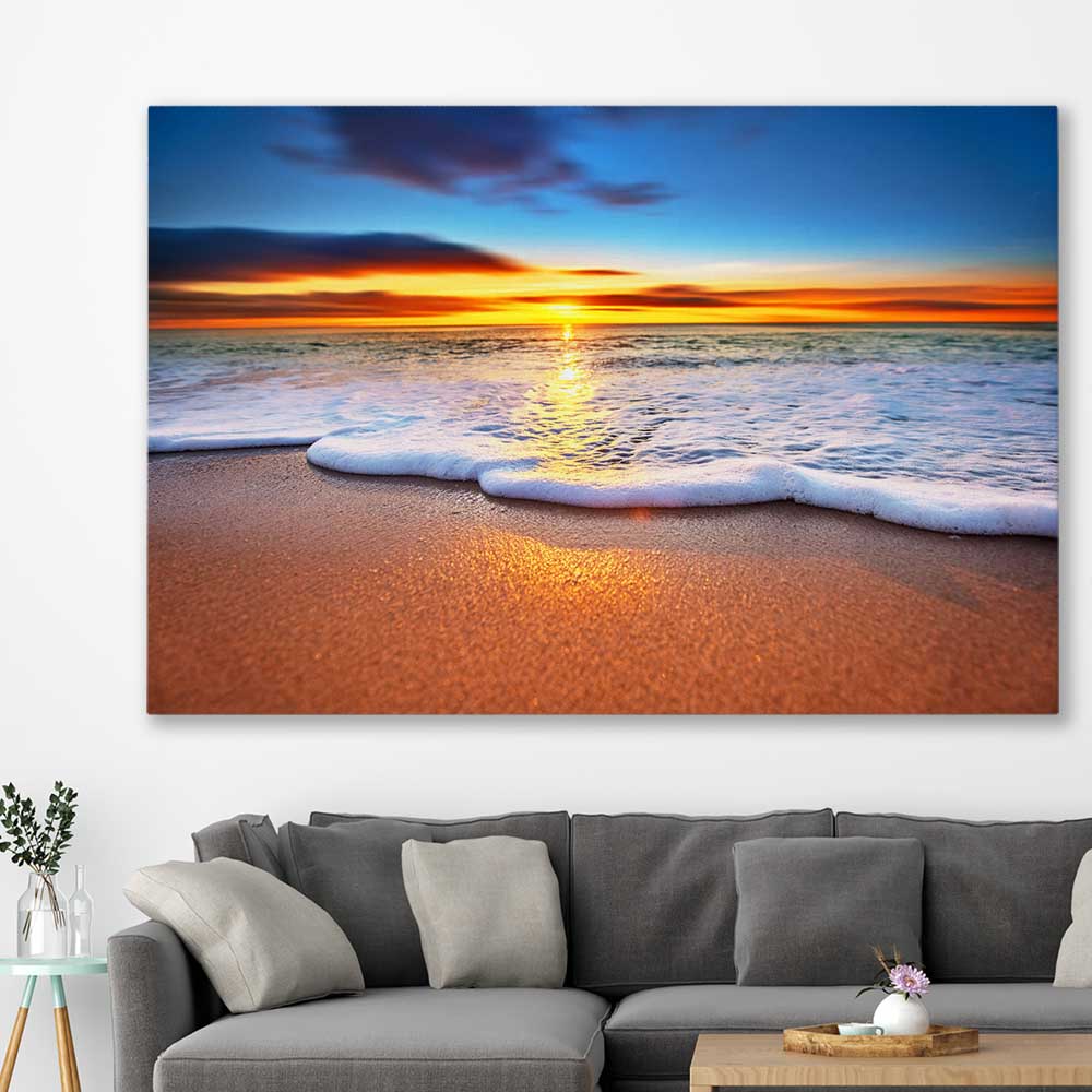 Beach and coastal wall art print of Radiant Ocean Sunset on a stretched canvas displayed in a room