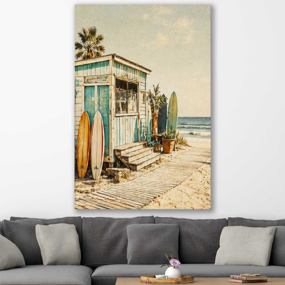 Beach and coastal wall art print of Seaside Surf Shack on a stretched canvas displayed in a room