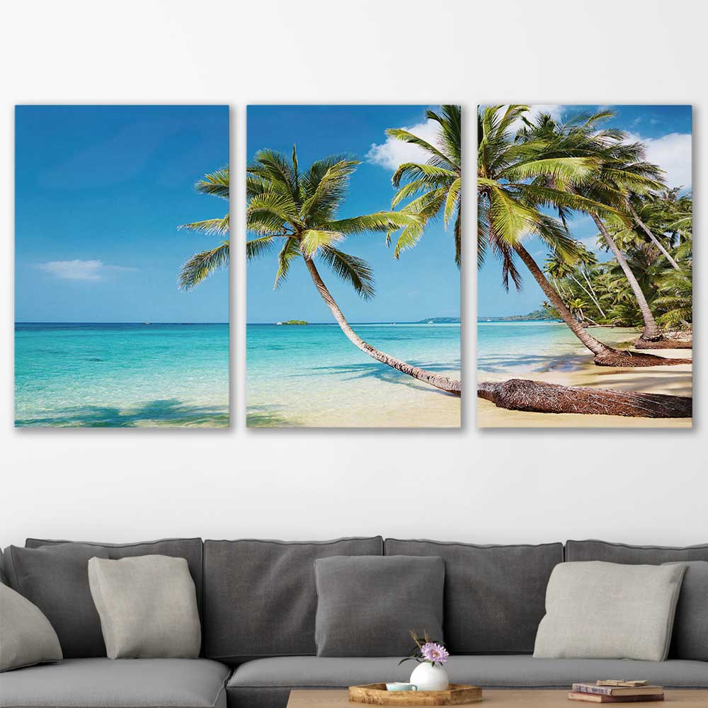 Beach and coastal wall art print of Tropical Paradise Set on a stretched canvas displayed in a room