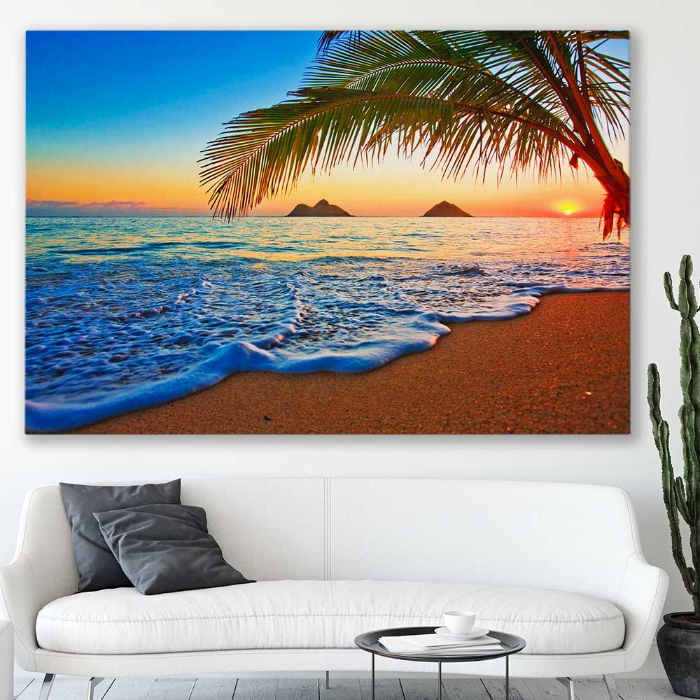 Beach and coastal wall art print of Tropical Sunset Shore on a stretched canvas displayed in a room