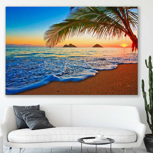 Beach and coastal wall art print of Tropical Sunset Shore on a stretched canvas displayed in a room