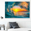 Beach and coastal wall art print of Wave Sunset Tunnel on a stretched canvas displayed in a room