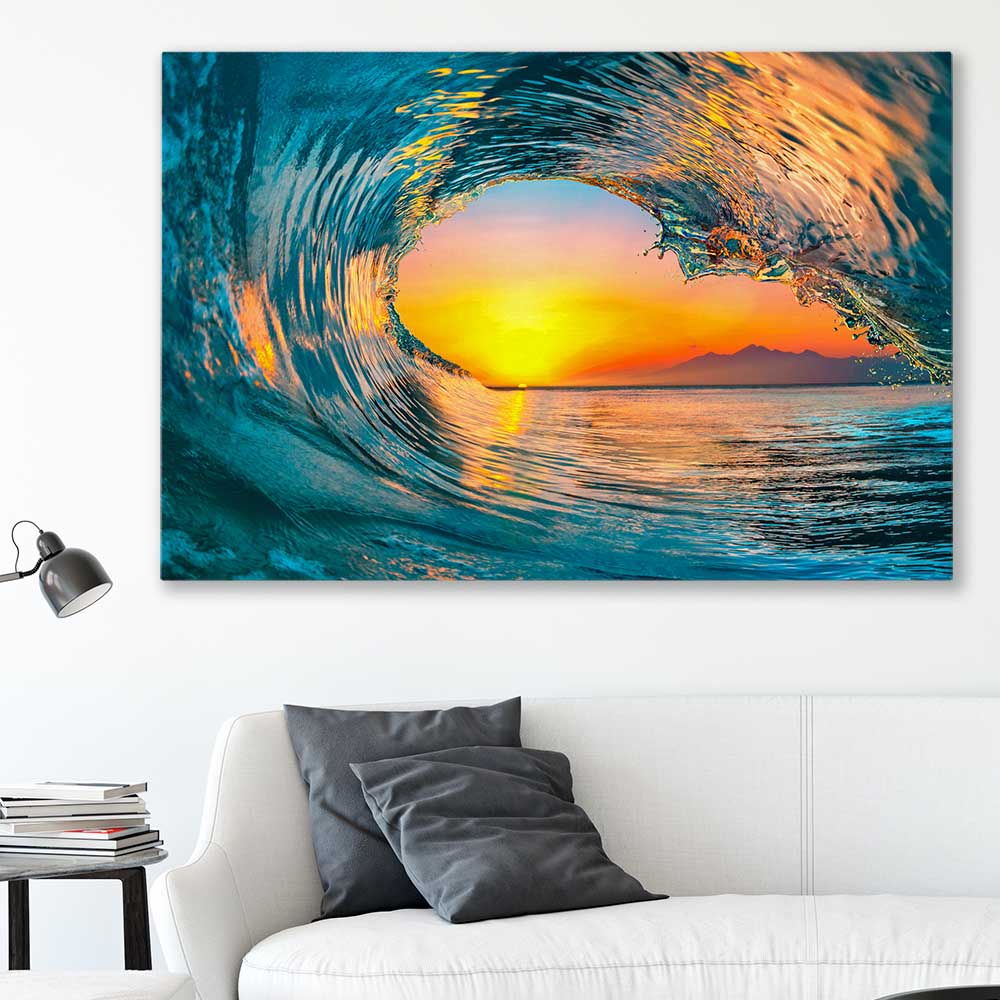 Beach and coastal wall art print of Wave Sunset Tunnel on a stretched canvas displayed in a room