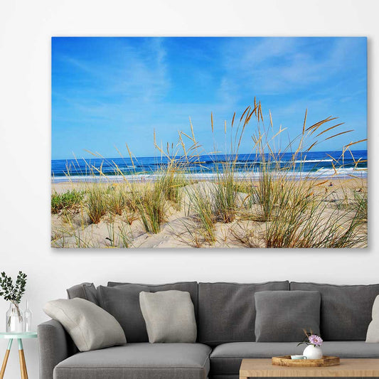 Beach and coastal wall art print of Algarve Dune Flora on a stretched canvas displayed in a room