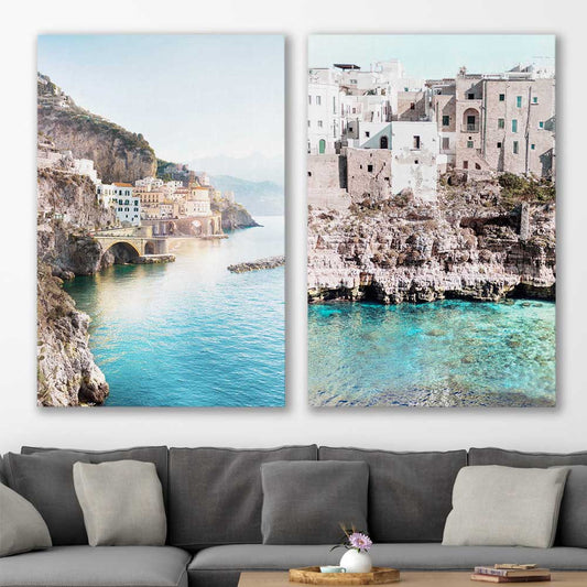 Beach and coastal wall art print of Amalfi Edge Pair on a stretched canvas displayed in a room