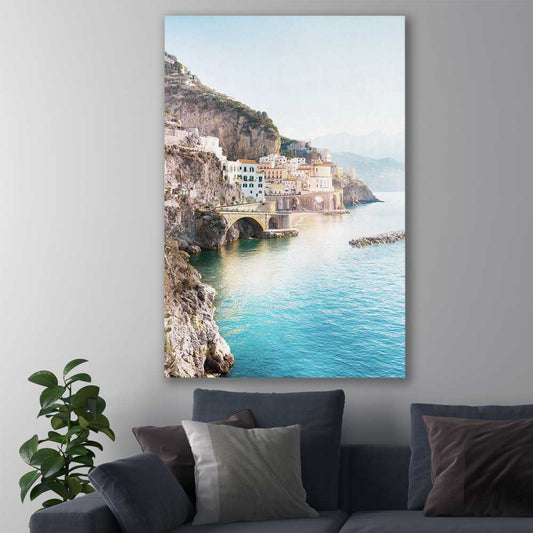 Beach and coastal wall art print of Amalfi Edge on a stretched canvas displayed in a room