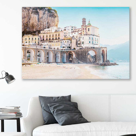 Beach and coastal wall art print of Amalfi Tides on a stretched canvas displayed in a room