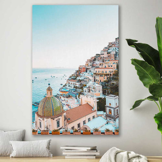 Beach and coastal wall art print of Amalfi View on a stretched canvas displayed in a room