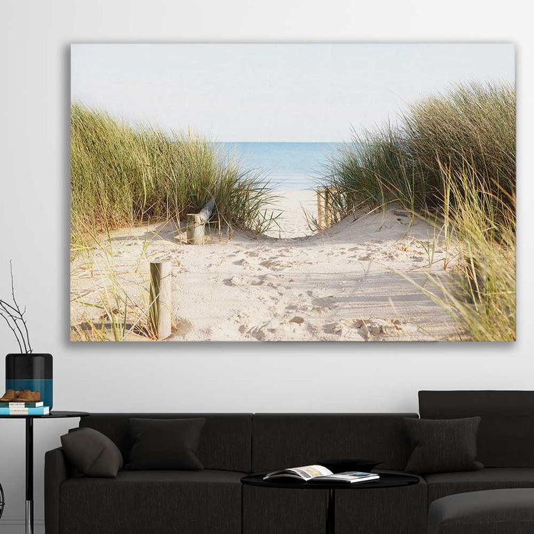 Beach and coastal wall art print of Beach Horizon on a stretched canvas displayed in a room