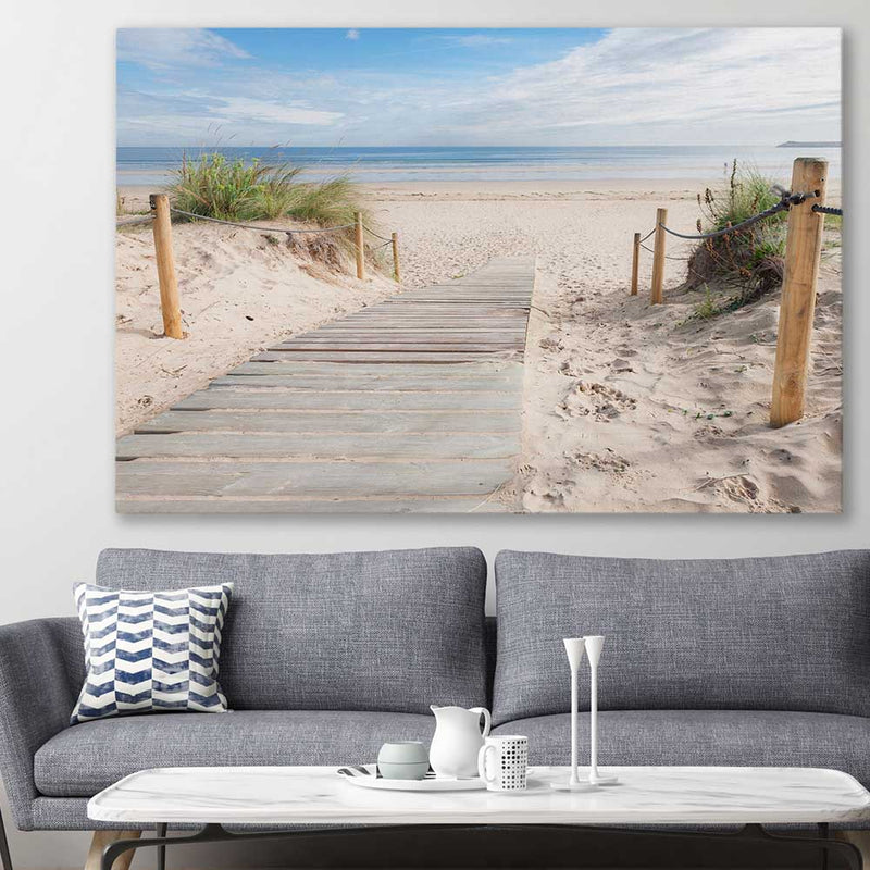 Beach and coastal wall art print of Beautiful Beach Path on a stretched canvas displayed in a roomcanvas in a styled room