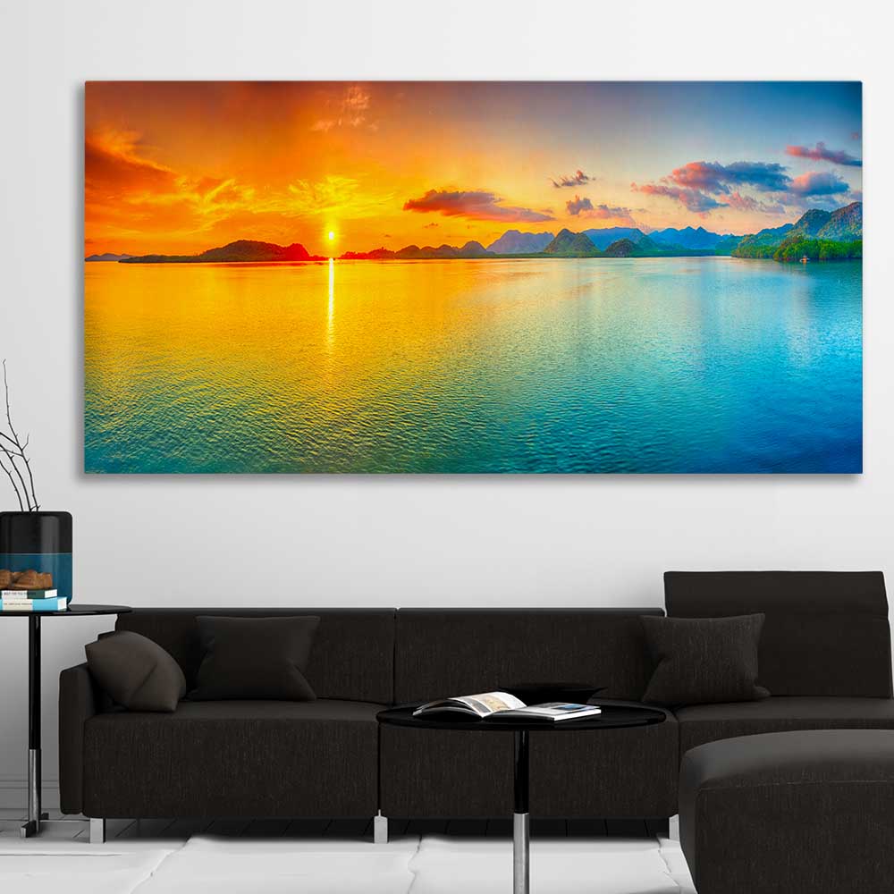 Beach and coastal wall art print of Beautiful Sunset on a stretched canvas displayed in a room