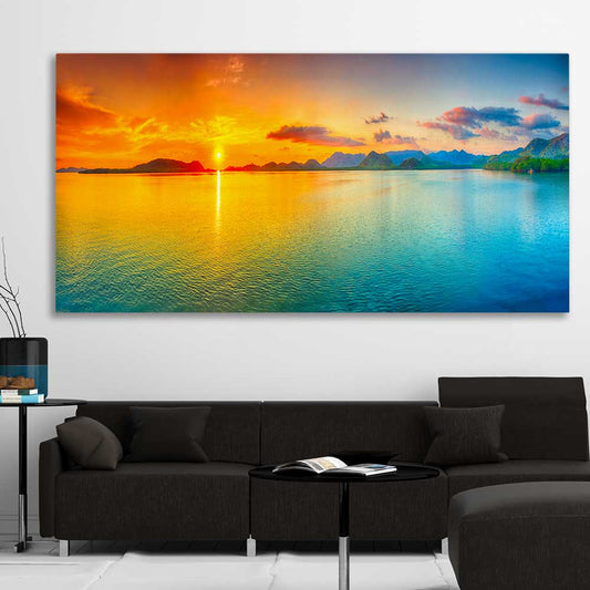 Beach and coastal wall art print of Beautiful Sunset on a stretched canvas displayed in a room