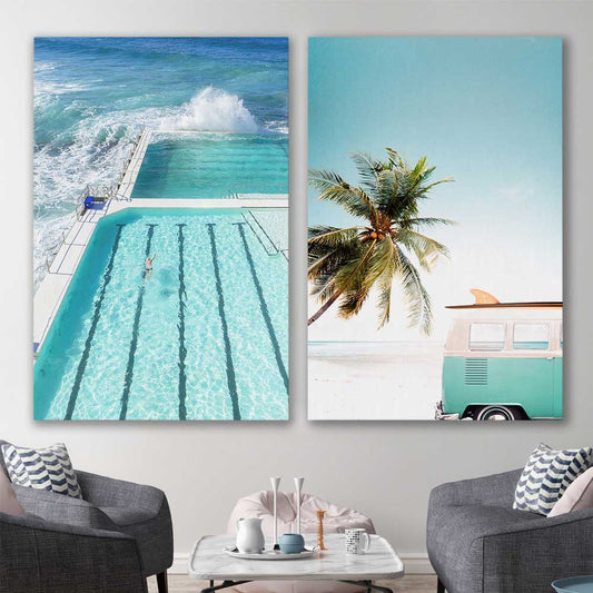 Beach and coastal wall art print of Bondi Iceberg Pair on a stretched canvas displayed in a room