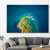 Beach and coastal wall art print of Bradleys Head Aerial on a stretched canvas displayed in a room