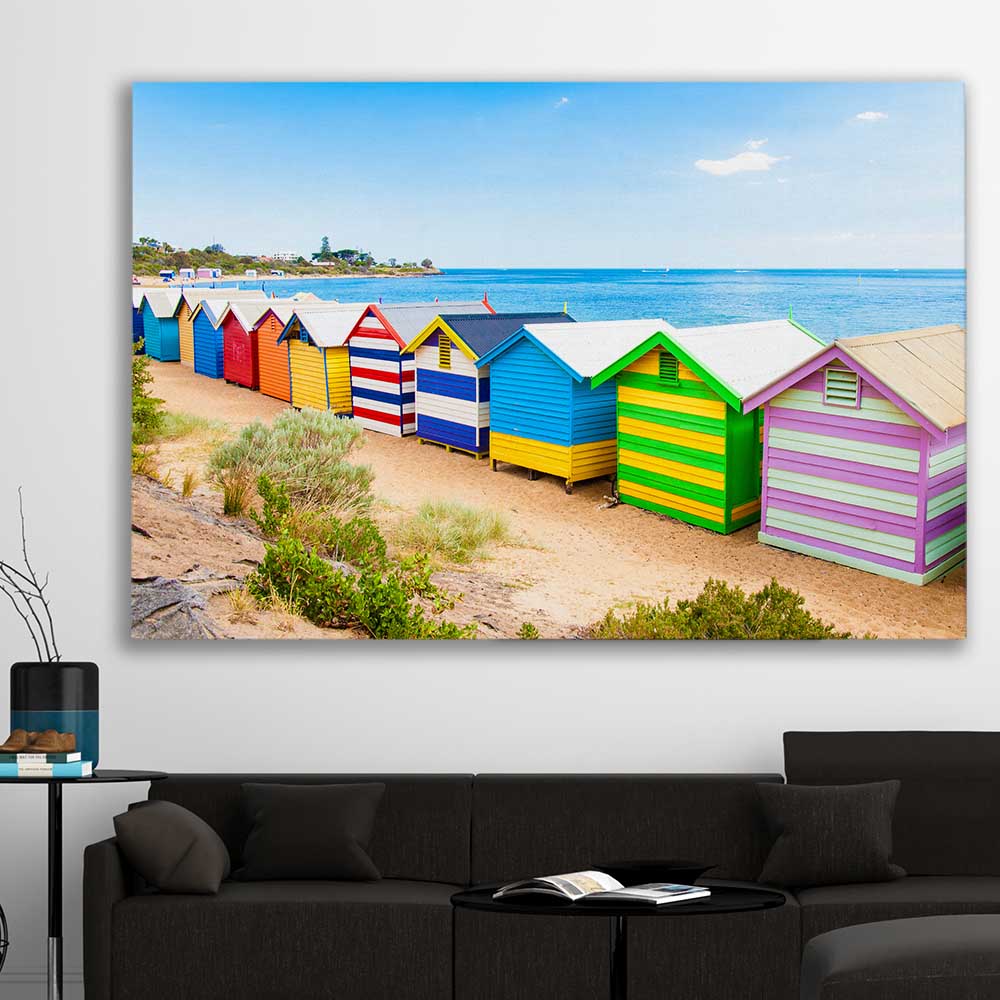 Beach and coastal wall art print of Brighton Beach Australia on a stretched canvas displayed in a room