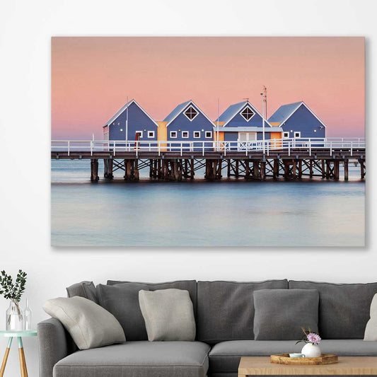 Beach and coastal wall art print of Busselton Jetty on a stretched canvas displayed in a room