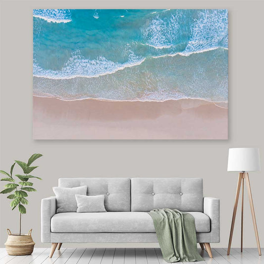 Beach and coastal wall art print of Calm Waves on a stretched canvas displayed in a room