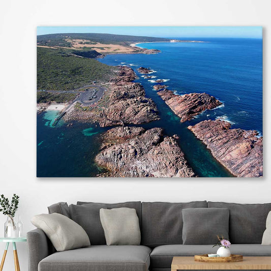 Beach and coastal wall art print of Canal Rocks Two on a stretched canvas displayed in a room