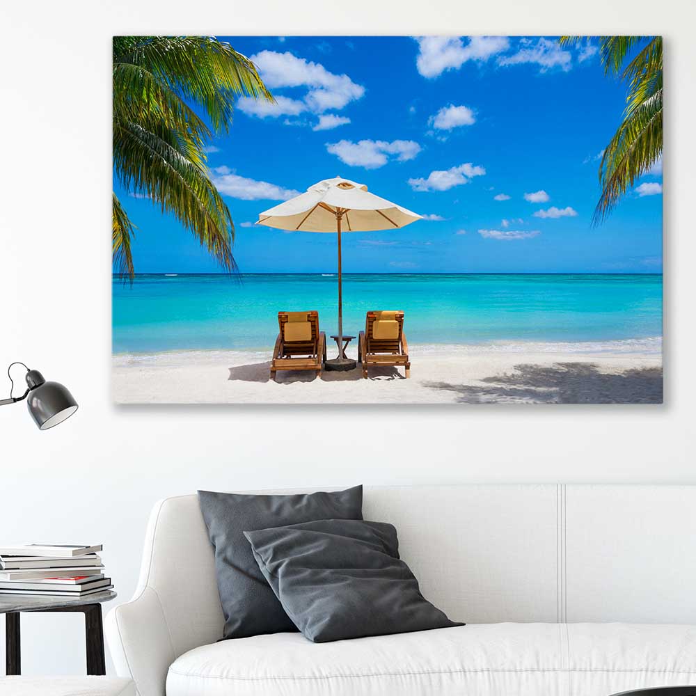 Beach and coastal wall art print of Coastal Retreat on a stretched canvas displayed in a room