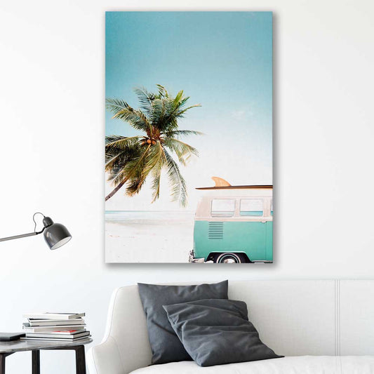 Beach and coastal wall art print of Combi Van Beach on a stretched canvas displayed in a room